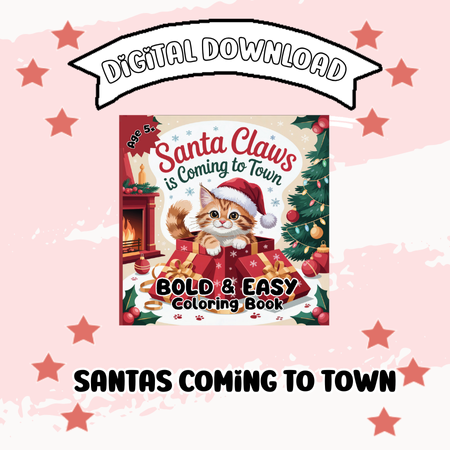 Download 20 festive cat coloring pages! 🎄 Santa Claws is Coming to Town features bold, easy designs for kids & adults. Perfect holiday fun & gifts!”