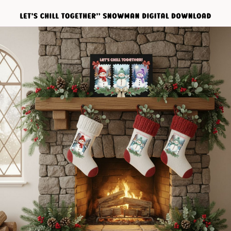 Let’s Chill Together” Snowman Digital Download (2) Cozy up with our “Let’s Chill Together” Snowman Digital Download – the perfect festive design to brighten your winter crafts! ☃️ This charming artwork features three cheerful snowmen in colorful hats and scarves, surrounded by pine branches, berries, and ribbons, bringing instant Christmas cheer to any project