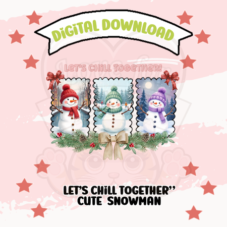 Cozy up with our “Let’s Chill Together” Snowman Digital Download – the perfect festive design to brighten your winter crafts! ☃️ This charming artwork features three cheerful snowmen in colorful hats and scarves, surrounded by pine branches, berries, and ribbons, bringing instant Christmas cheer to any project